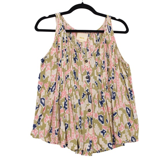 Maeve Tops - Maeve Anthropologie‎ Pleated Tank Top size 6 Ikat Tribal Print Button Front Boo